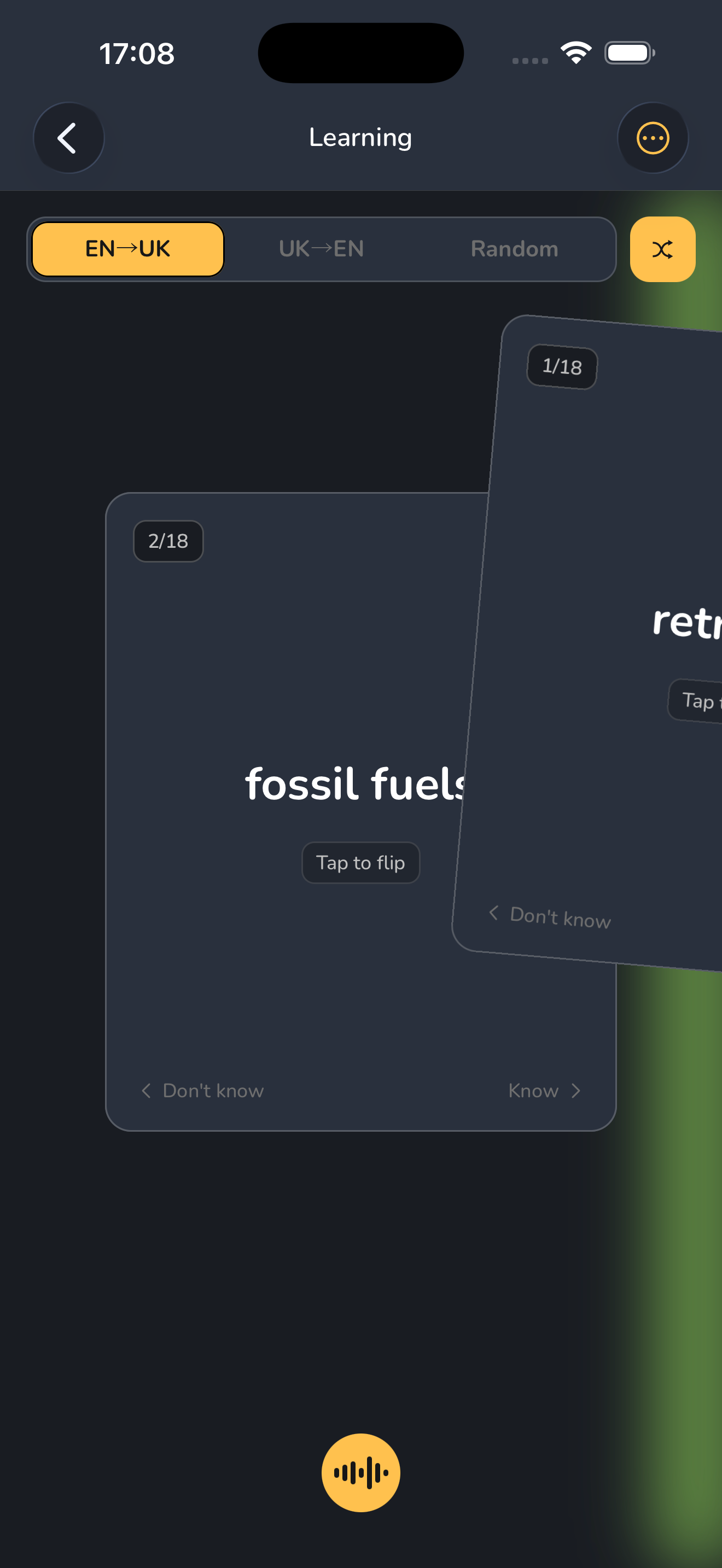 Vocabyx flashcard learning screen